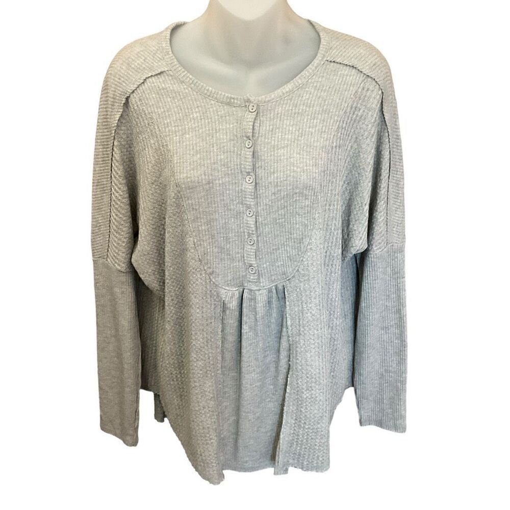 Gibson Look Women Gray Waffle Knit Long Sleeve Henley Top Size Small